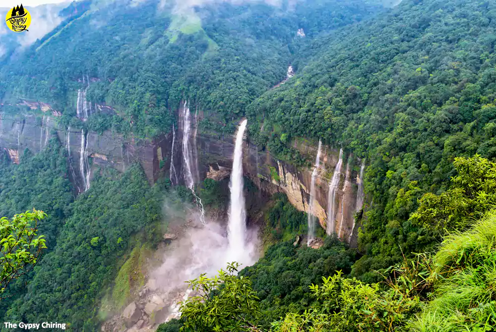 Nohkalikai Waterfall in Meghalaya of India. Adventure activities in Cherrapunji (Sohra) of Meghalaya