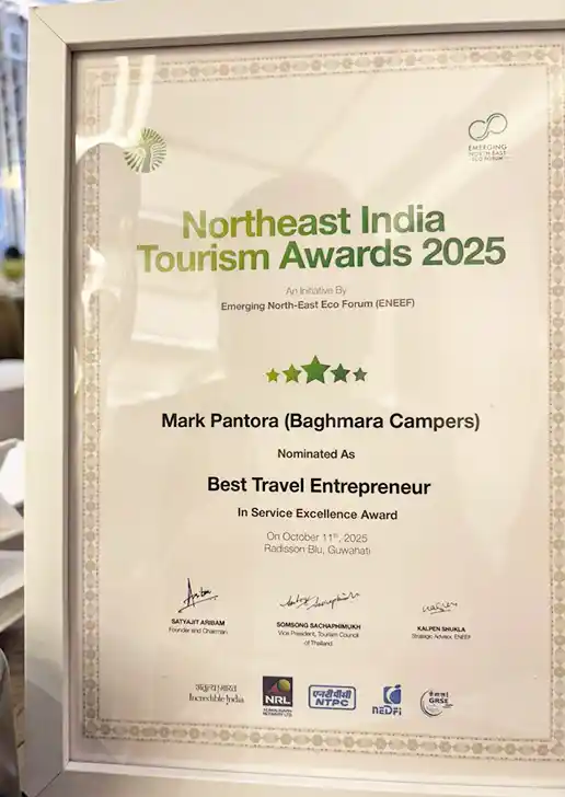 Mark Pantora Sangma Baghmara Campers Travel Entreprenuer Award certificate