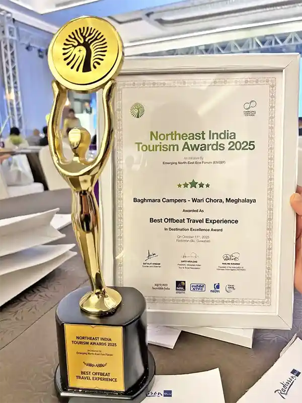 An award with the certificate of Wari Chora Best Off beat Travel Experience Award by Baghmara Campers