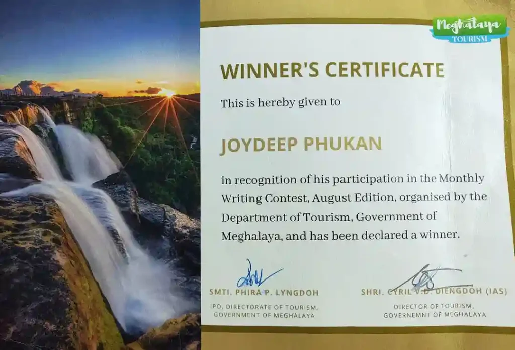 Joydeep Phukan - The Gypsy Chiring Winner for Travel Writing awarded by Department of Tourism, Government of Meghalaya Certificate