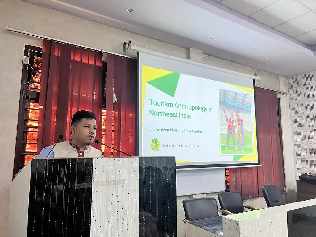 Joydeep Phukan The Gypsy Chiring as a resource person at Arya Vidyapeeth College Guwahati to speak on Tourism Anthropology in Northeast India