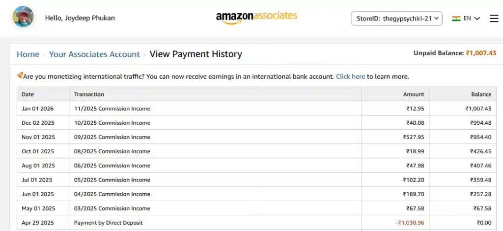 Amazon Affiliate earnings Payment Proof screenshot - The Gypsy Chiring