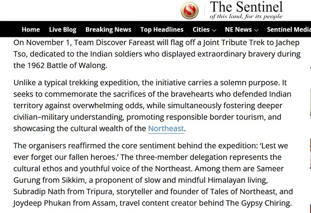 The Gypsy Chiring Joydeep mentioned in The Sentinel Assam News Website