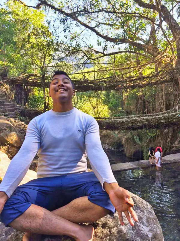 Joydeep The Gypsy Chiring at Double Decker Living Root Bridge in Sohra Cherrapunji Meghalaya