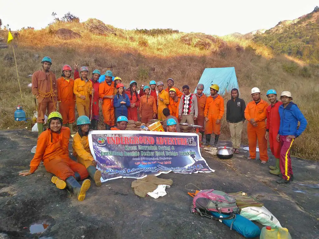 The Happy Group Photo at the campsite after successfully completing Krem Mawmluch Caving expedition