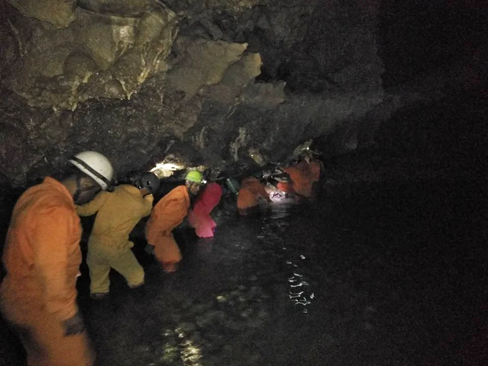Waist and knee deep pool inside Krem Mawmluh Cave in Meghalaya Cherrapunji