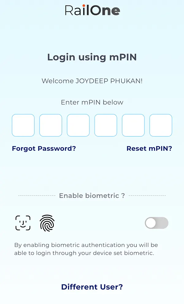 Login Using mPin on RailOne