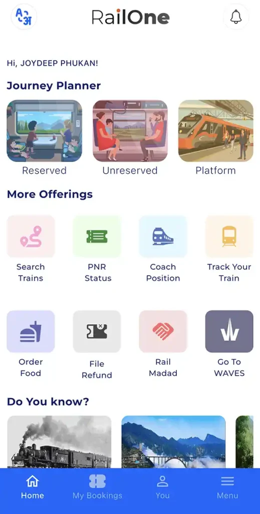RailOne Dashboard - How to get a ticket for General Class in India
