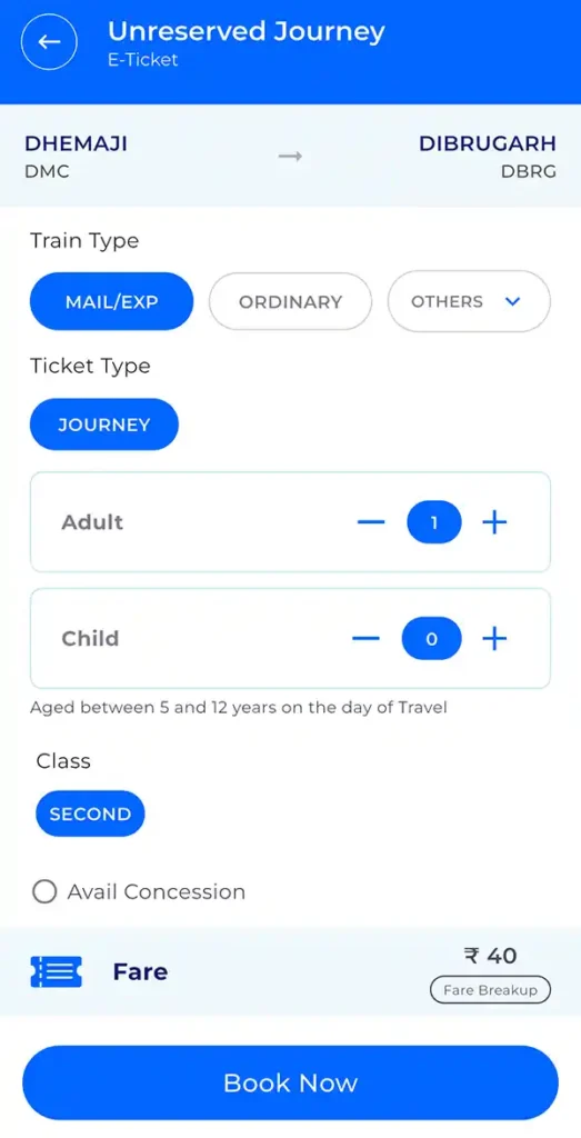 Select the number of passengers and train type for General Ticket Booking in Indian Raliways